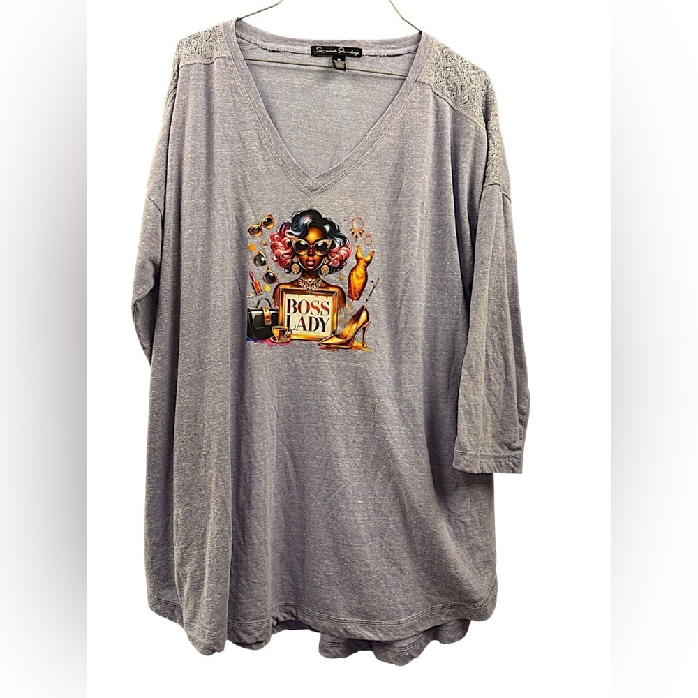 Handcrafted Boss Lady Graphic Top Gray Size 1X
